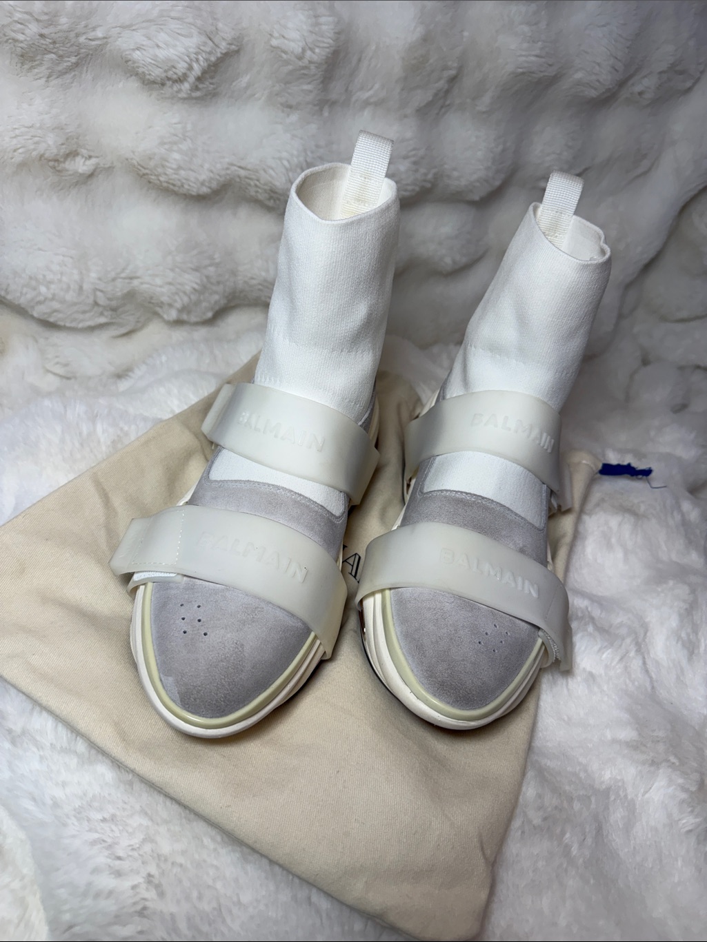 Balmain White And Light Gray Women's High-Top Strap Sneakers